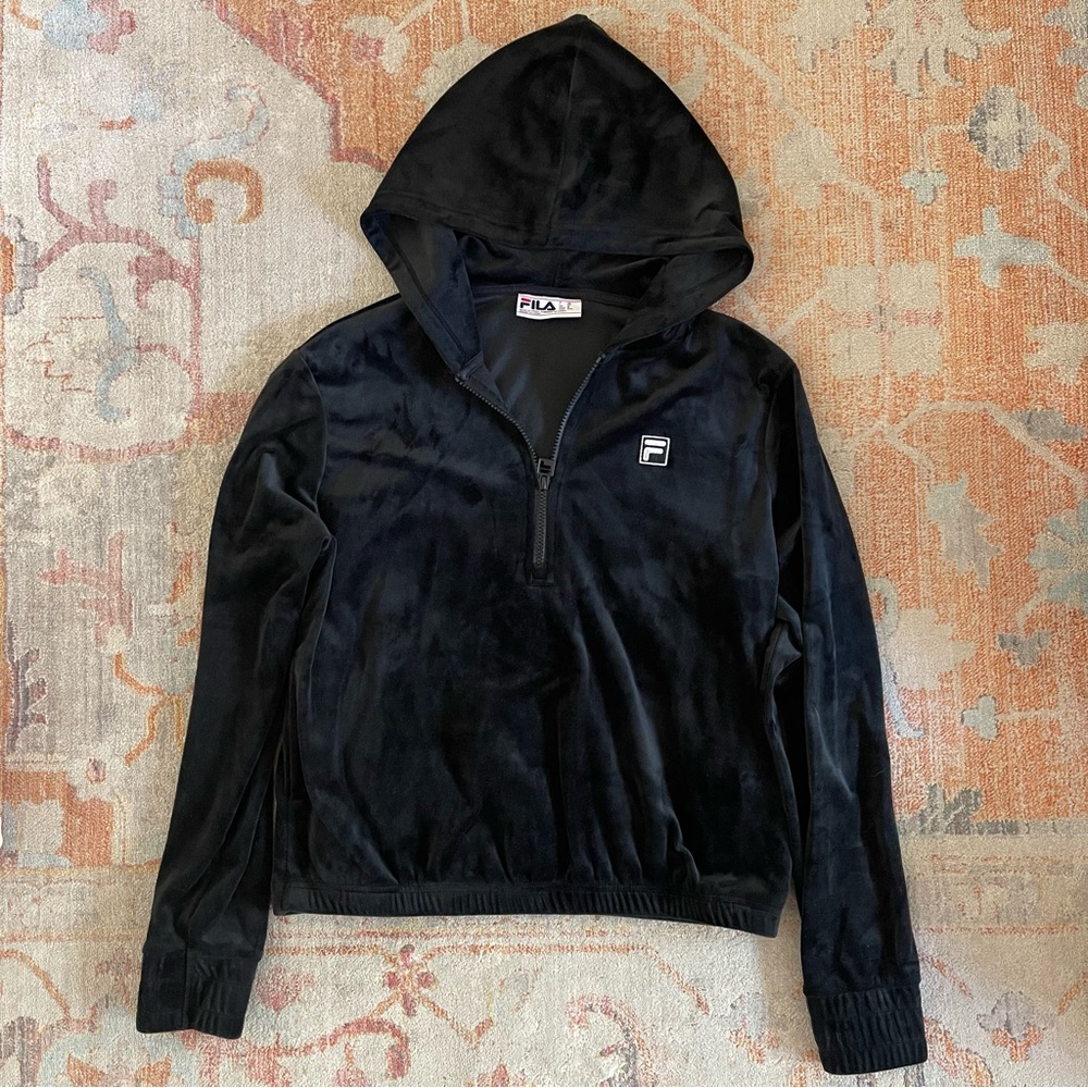 Fila Black Velour Quarter-Zip Hoodie Sweater